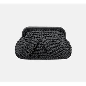 NEW LUISA CERANO women's braided raffia clutch bag in steel grey